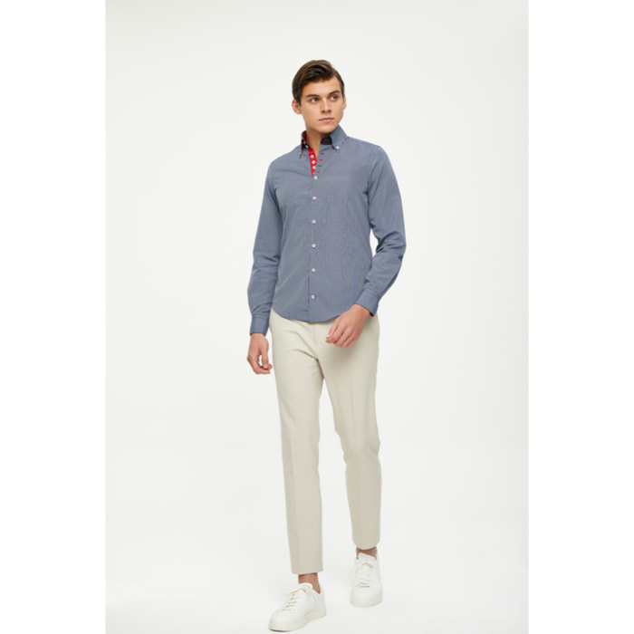 Camicia Uomo 2 Bottoni Button Down 7 Bottoni Slim Cotone Poliestere Riga Stretta Blu\Bianco