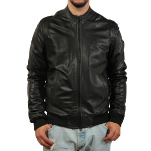 Giubbino in vera pelle di vitello foderato con trapunta invernale Nero-Slim Fit