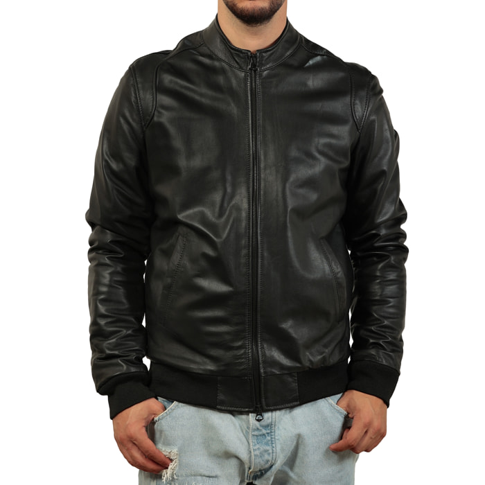 Giubbino in vera pelle di vitello foderato con trapunta invernale Nero-Slim Fit