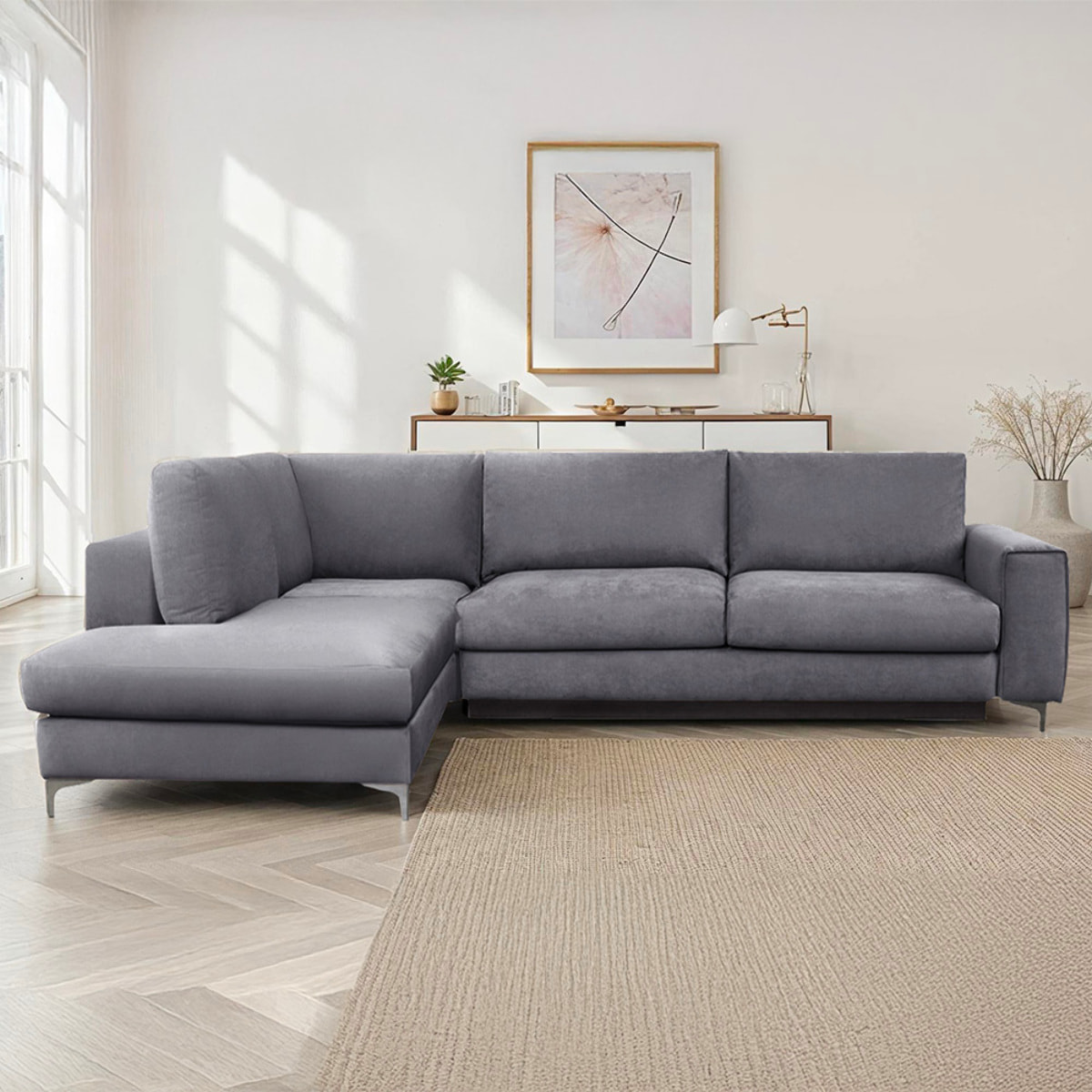 Canapé d'Angle Gauche Velours Fiesole, 3 Places, Couchage Intégré, Coffre de Rangement, Housse Déhoussable