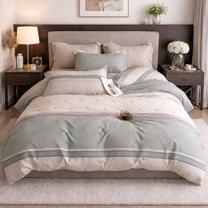 Parure housse de couette 240x220 cm 100% percale de coton - Inthé imprimé rayures beige vert