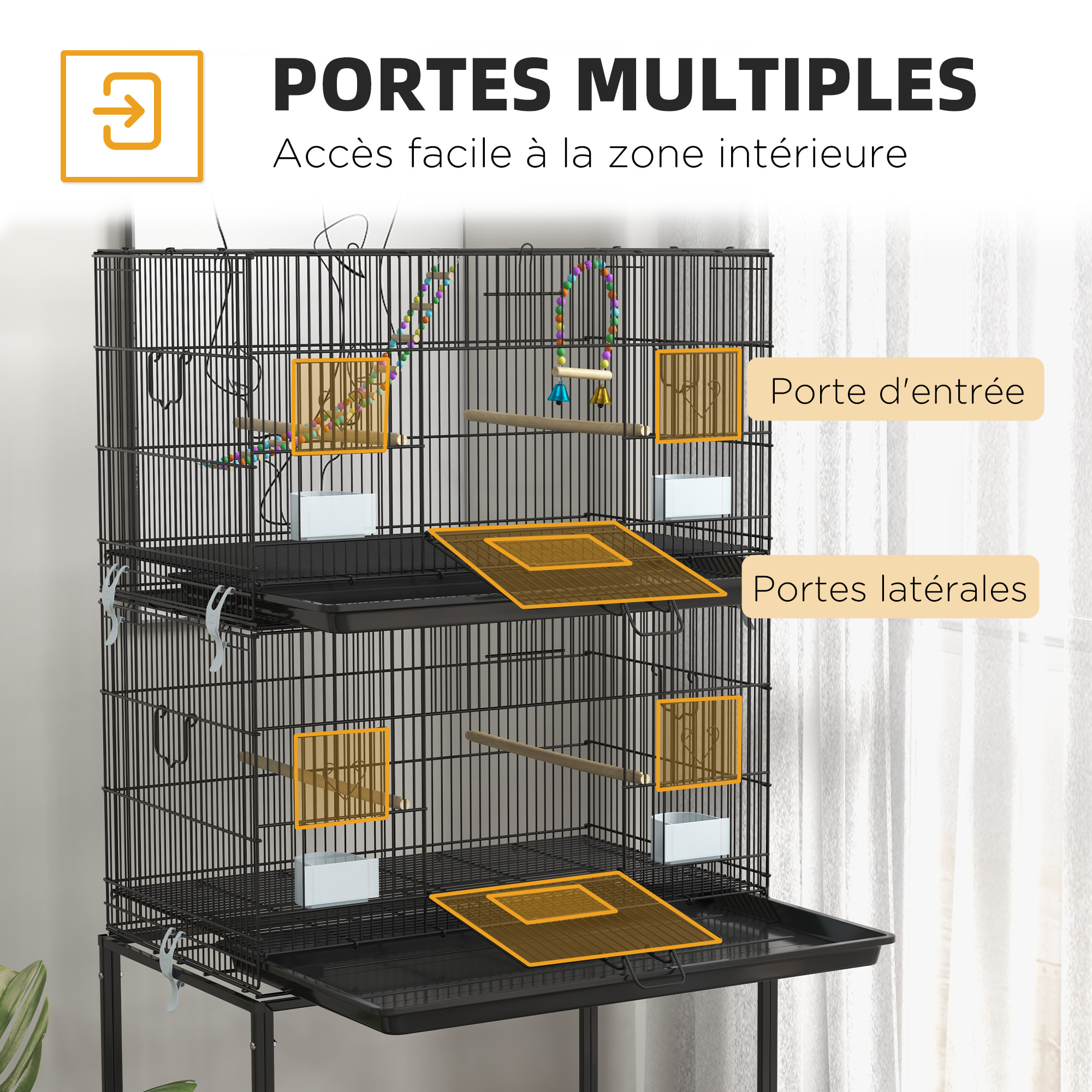 Double cage à oiseaux sur roulettes - étagère, plateau déjection, 4 perchoirs, 4 mangeoirs, poignée - dim. 77L x 46l x 164H cm acier noir