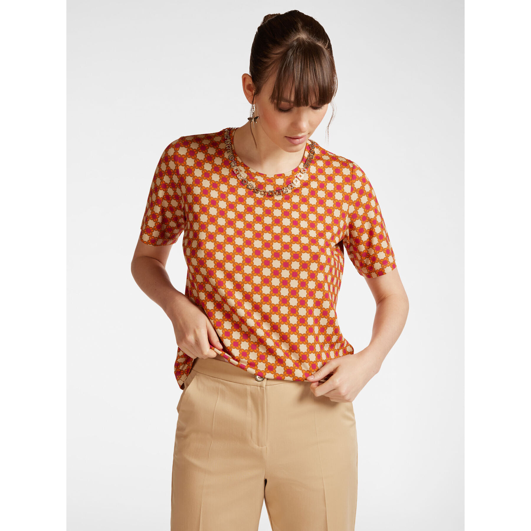 Elena Mirò - Camiseta estampada con collar - Naranja sol