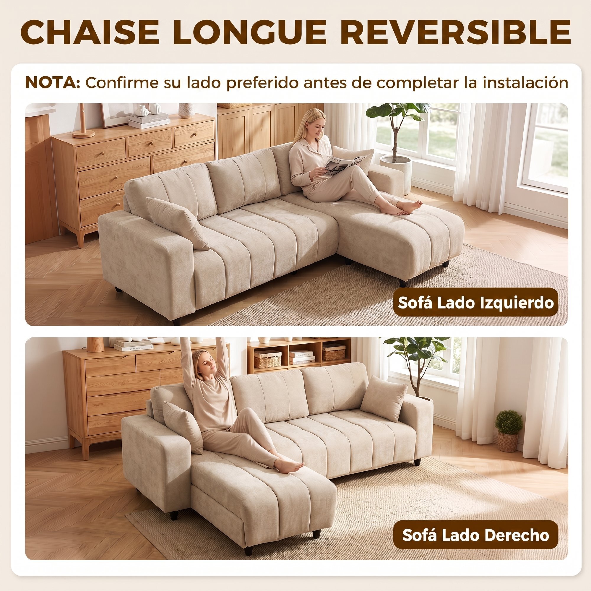 Sofá Chaise Longue Reversible, Sofá Esquinero en Forma de L de 4 Plazas, 2 Almohadas, Tapizado en Lino, Marco de Acero, para Salón, 242x156x87 cm, Beige