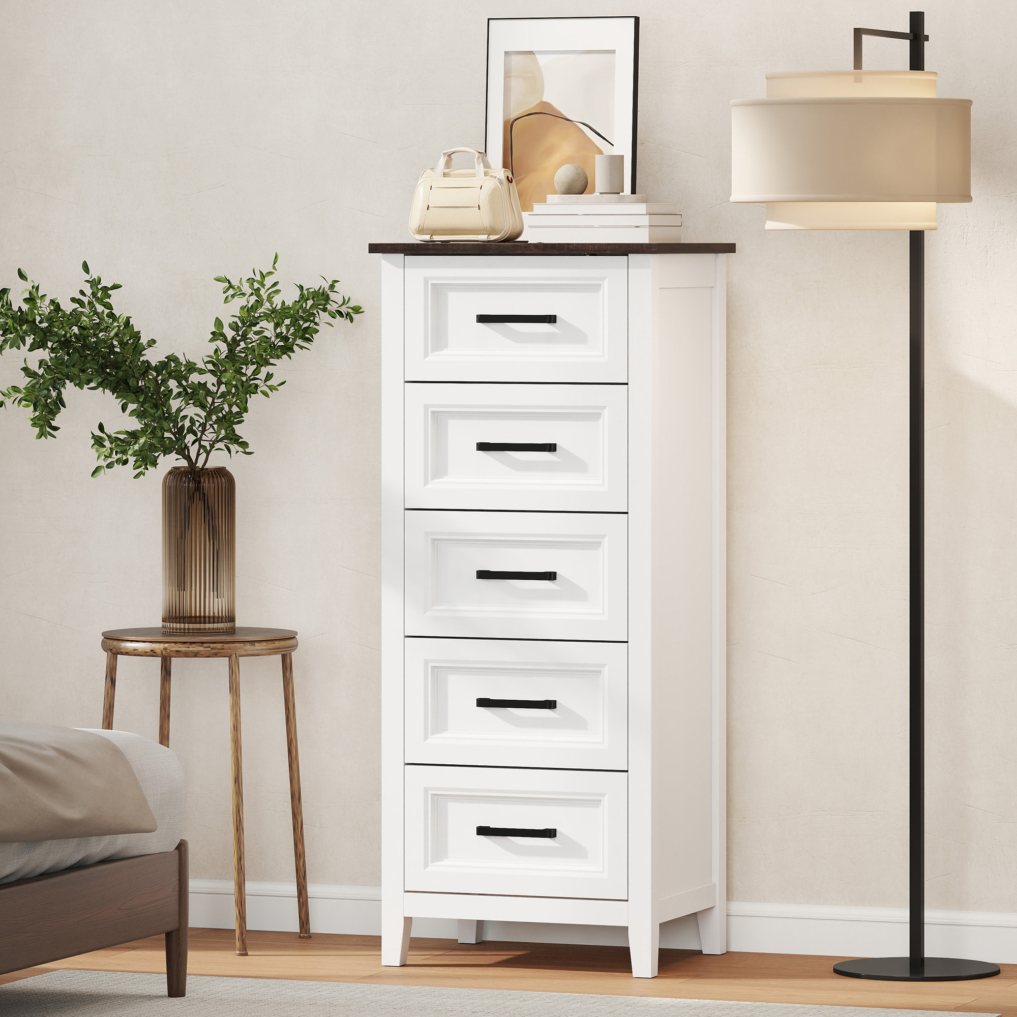 Cómoda 5 Cajones, Cómoda Dormitorio Estrecho y Alto con Encimera Efecto Madera, Cajonera para Espacios Pequeños, Salón, Oficina, 45x35x106 cm, Blanco