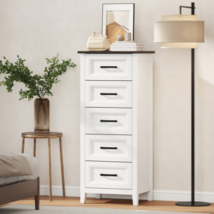 Cómoda 5 Cajones, Cómoda Dormitorio Estrecho y Alto con Encimera Efecto Madera, Cajonera para Espacios Pequeños, Salón, Oficina, 45x35x106 cm, Blanco
