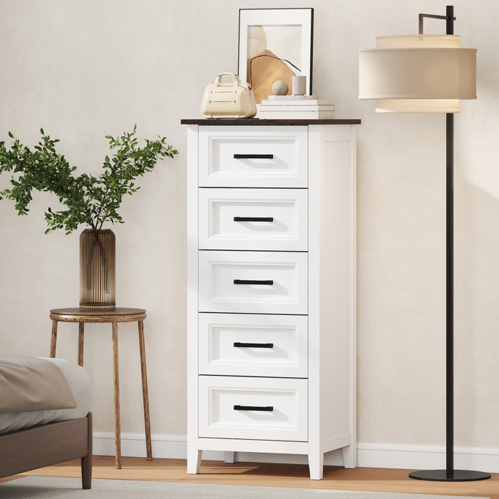 Cómoda 5 Cajones, Cómoda Dormitorio Estrecho y Alto con Encimera Efecto Madera, Cajonera para Espacios Pequeños, Salón, Oficina, 45x35x106 cm, Blanco