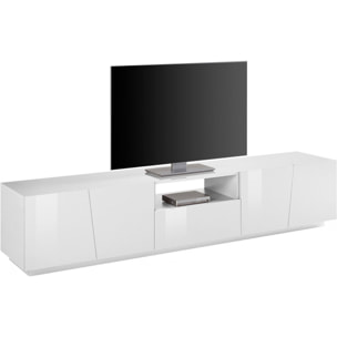 Mobile da soggiorno Porta TV, Made in Italy, Supporto per TV da salotto a 4 ante e 1 cassetto, cm 220x43h46, colore Bianco lucido, con luce LED bianca