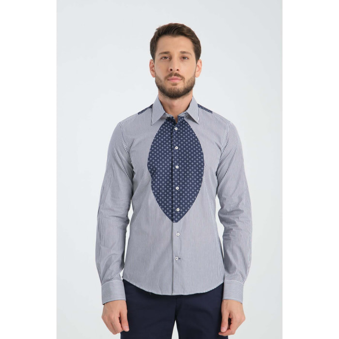 Camicia Uomo Bottone Italiano Slim Popeline Riga Larga Bianco e Blu