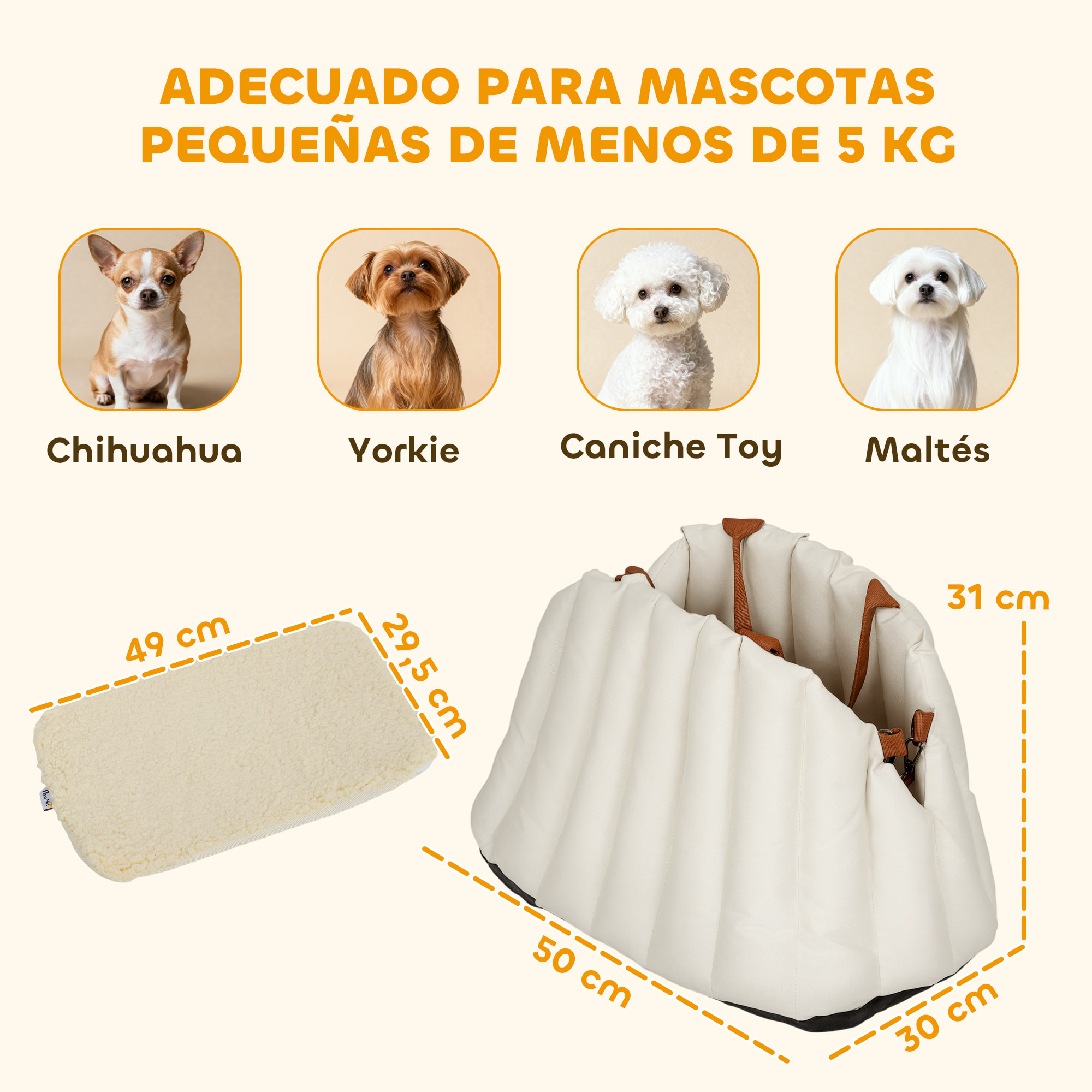 Asiento de Coche para Perros Pequeños, Asiento de Coche para Mascotas de hasta 5 kg con Cinturón de Seguridad y Base Antideslizante, Cama de Viaje Portátil con Funda Extraíble y Lavable, Crema