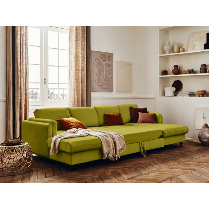 Brooke - canapé panoramique en U - 7 places - convertible avec coffre - en velours - Vert Olive