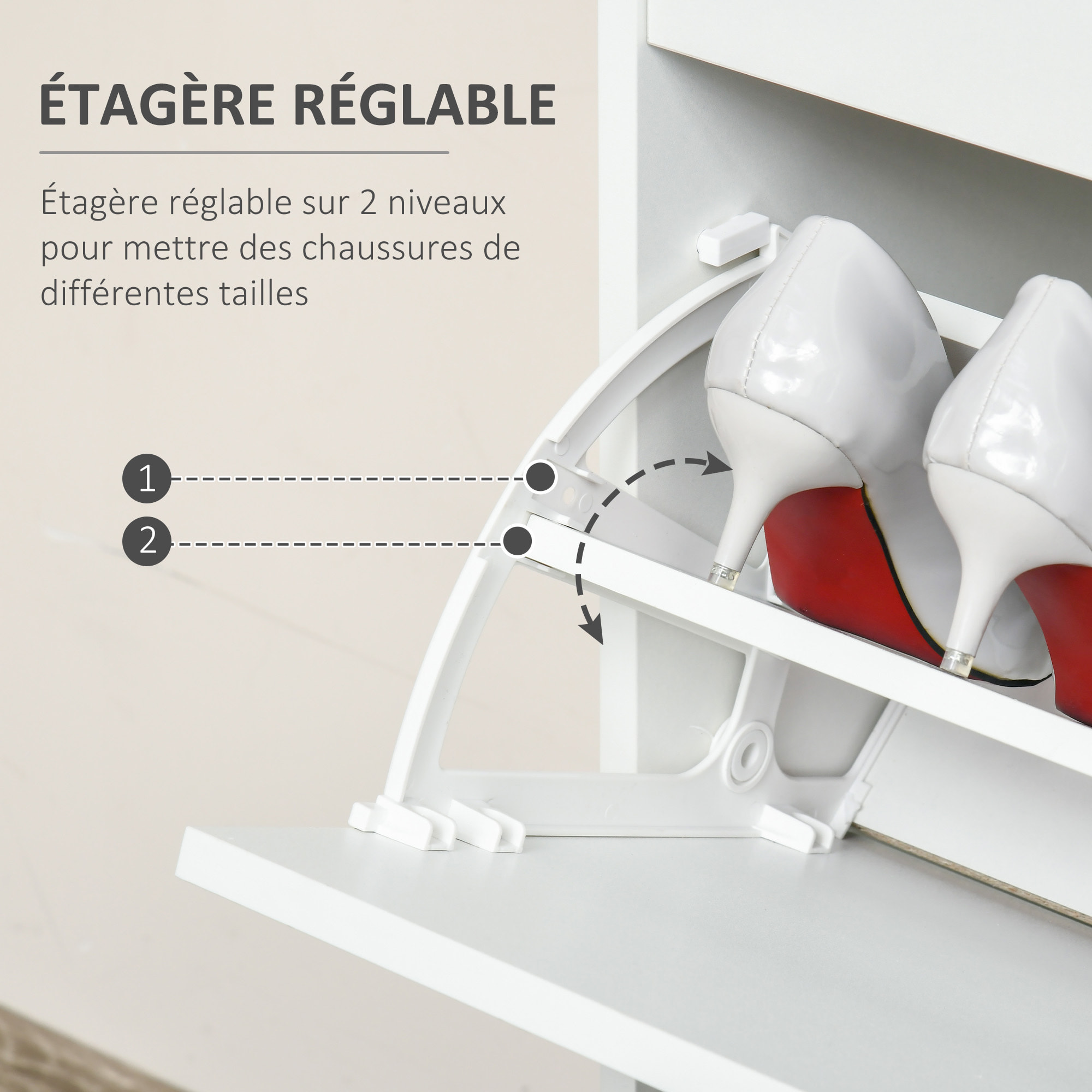 Meuble à chaussures 2 tiroirs rabattables 2 étagères tiroir blanc