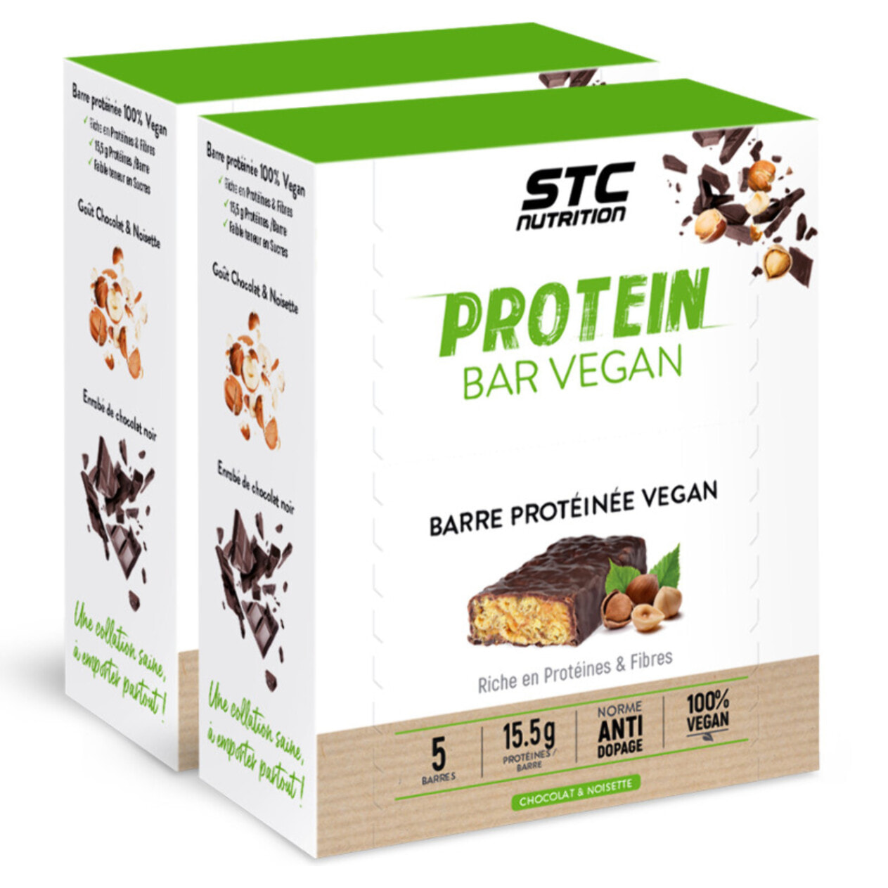 STC Nutrition - Protein Bar Vegan Chocolat Noisette - 15,5 g de Protéines par Barre - Riche en Fibres - 100 % Vegan - Lot de 2 Étuis de 5 Barres x 45 g