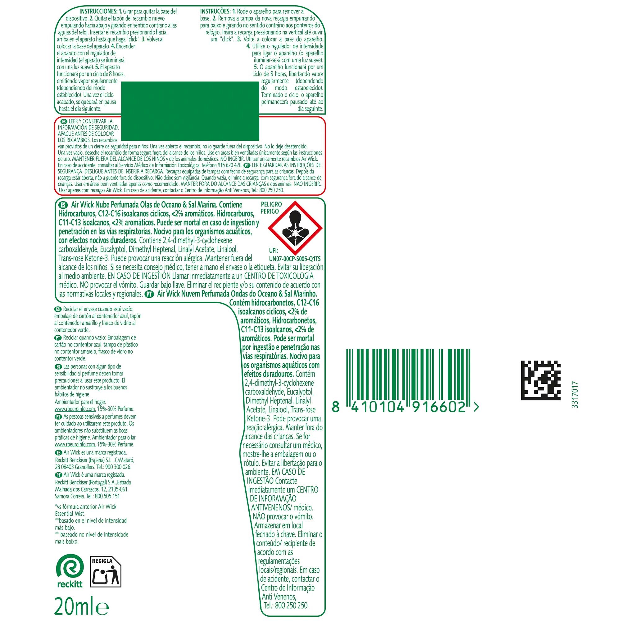 Air Wick Essential Mist - Ambientador difusor aceites esenciales para casa con aroma a Olas de Oceano - Recambio