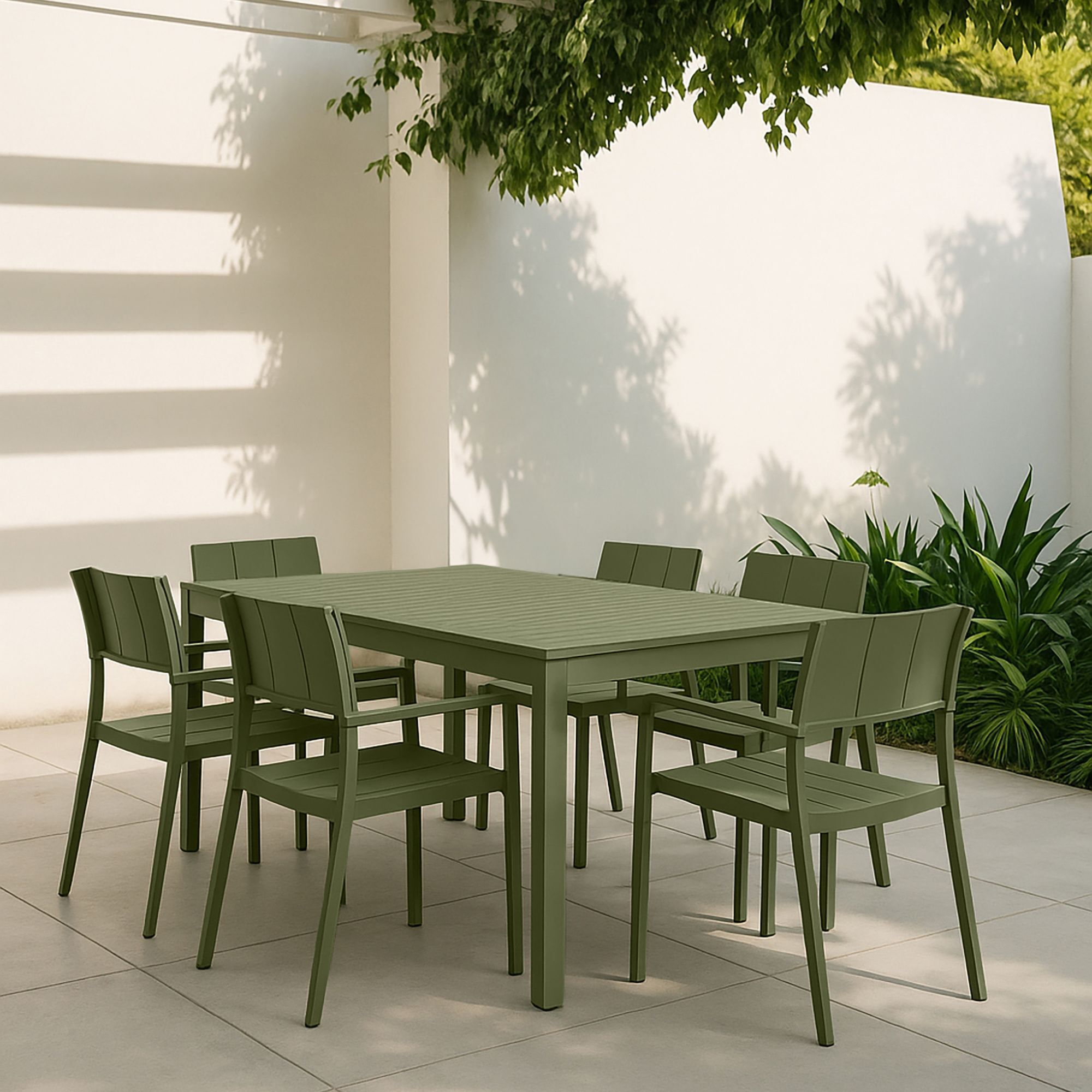 Ensemble de repas table et fauteuils en polypropylène vert 6 places PATIO