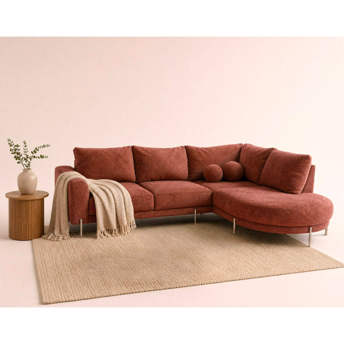 Gabin - Canapé d'angle droit 5 places en velours texturé - Terracotta