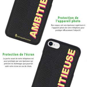 Coque iPhone 7/8/ iPhone SE 2020 effet cuir grainé noir Ambitieuse jaune et fushia Design La Coque Francaise