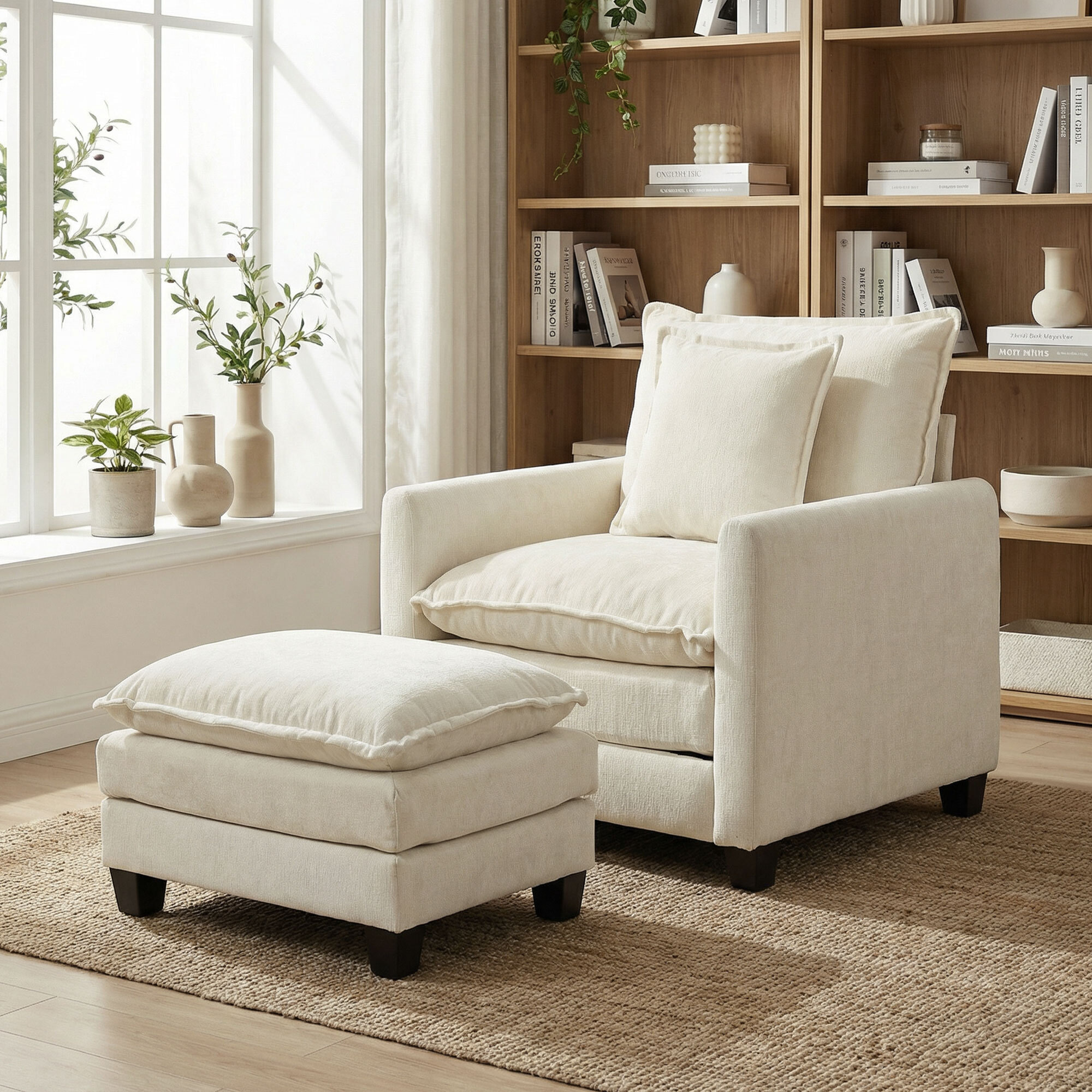 Fauteuil salon avec repose-pieds grand confort tissu chenille crème
