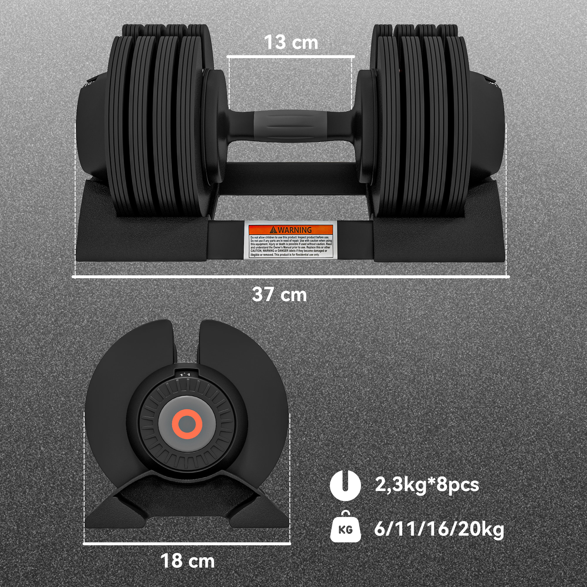Mancuerna Ajustable 4 en 1 20 kg, Pesas y Mancuernas, Ajuste Rápido de Peso, con Base de Almacenamiento y Mango Antideslizante, para Entrenamiento en Casa Gimnasio