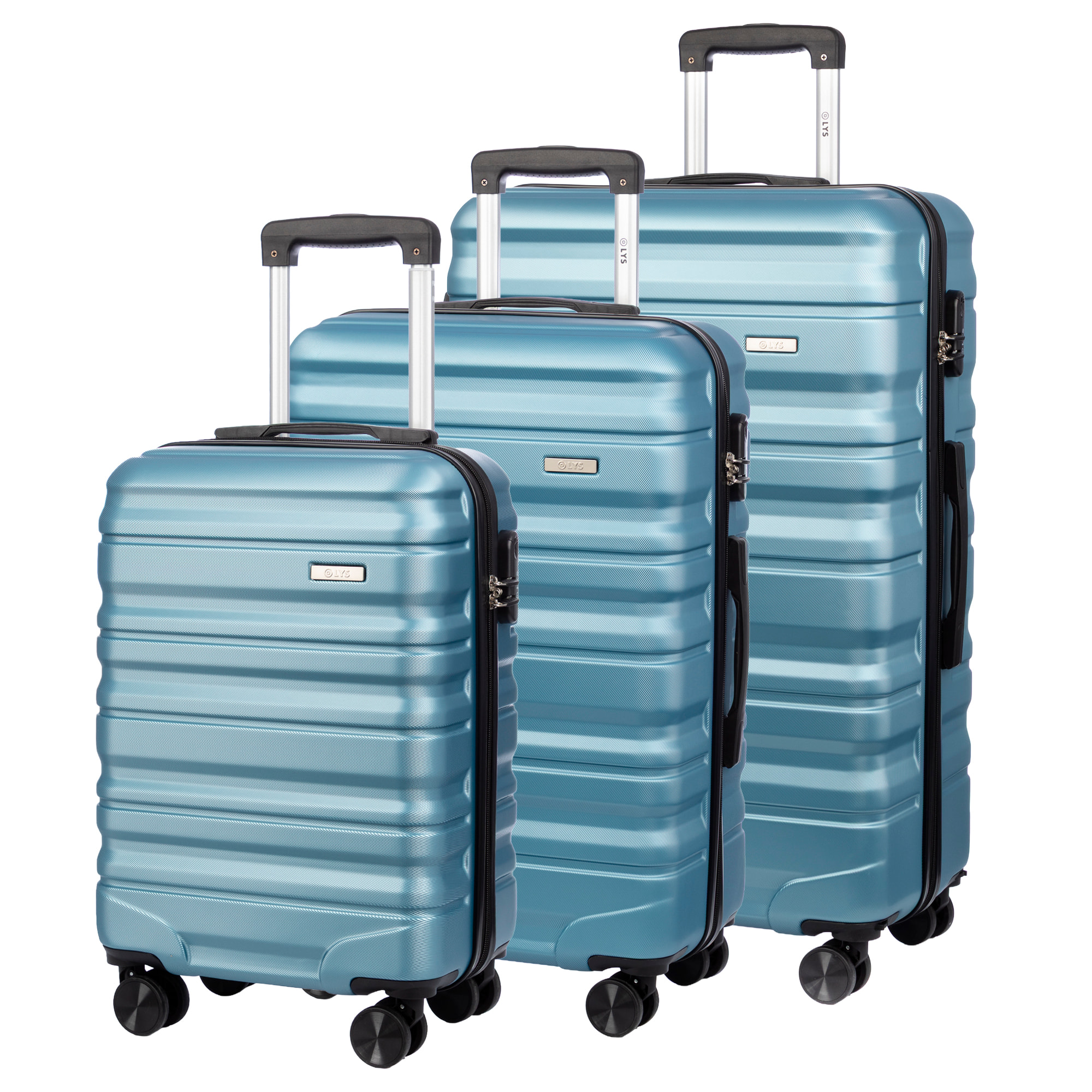Set di 3 valigie Trolley, in materiale leggero ABS ad alta resistenza. Chiusura numerica e 4 ruote girevoli a 360°.