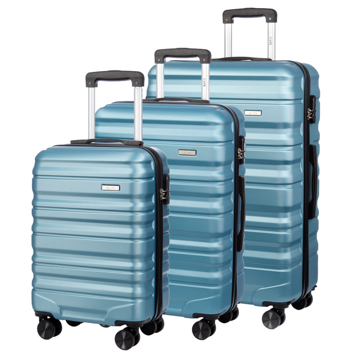 Set di 3 valigie Trolley, in materiale leggero ABS ad alta resistenza. Chiusura numerica e 4 ruote girevoli a 360°.