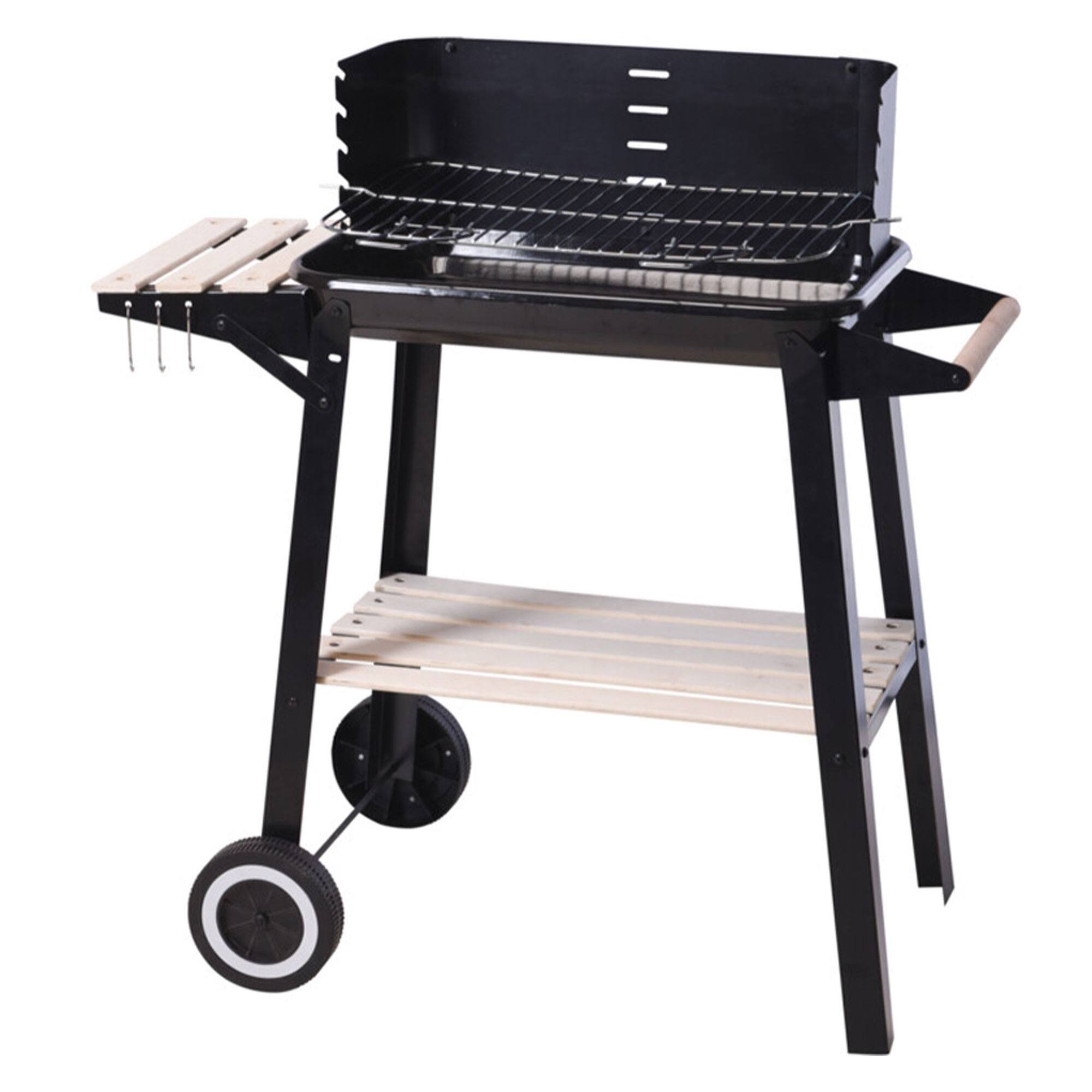 Barbacoa de Carbón Rectangular con Estantes de Madera FSC con Parrilla Cromada 45x24 cm - Barbacoa de Jardín con Cortavientos y Ruedas