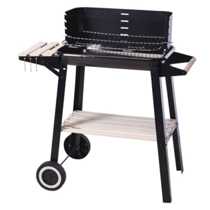 Barbacoa de Carbón Rectangular con Estantes de Madera FSC con Parrilla Cromada 45x24 cm - Barbacoa de Jardín con Cortavientos y Ruedas