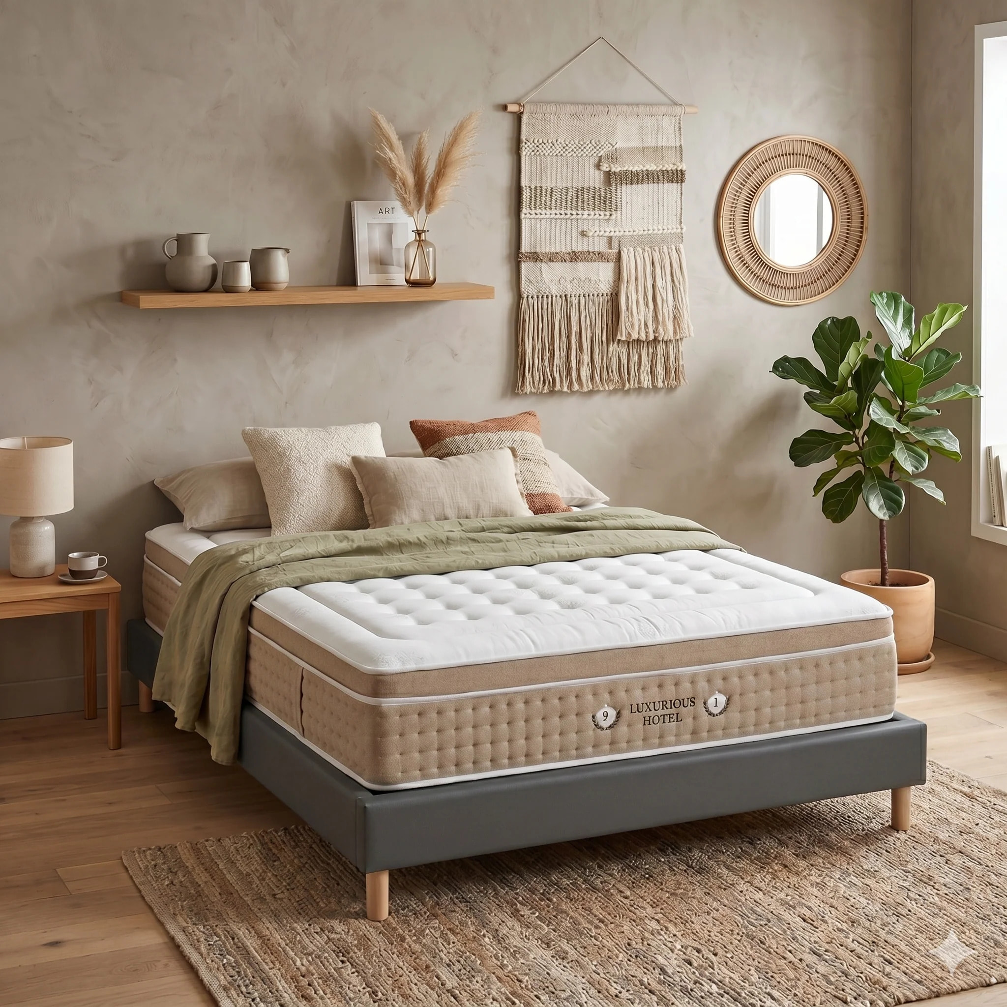 Ensemble matelas Bali & sommier Cancun | Mémoire de forme et ressorts ensachés | Cadre à lattes | Simili cuir | Gris