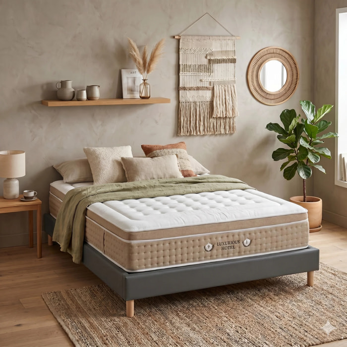 Ensemble matelas Bali & sommier Cancun | Mémoire de forme et ressorts ensachés | Cadre à lattes | Simili cuir | Gris