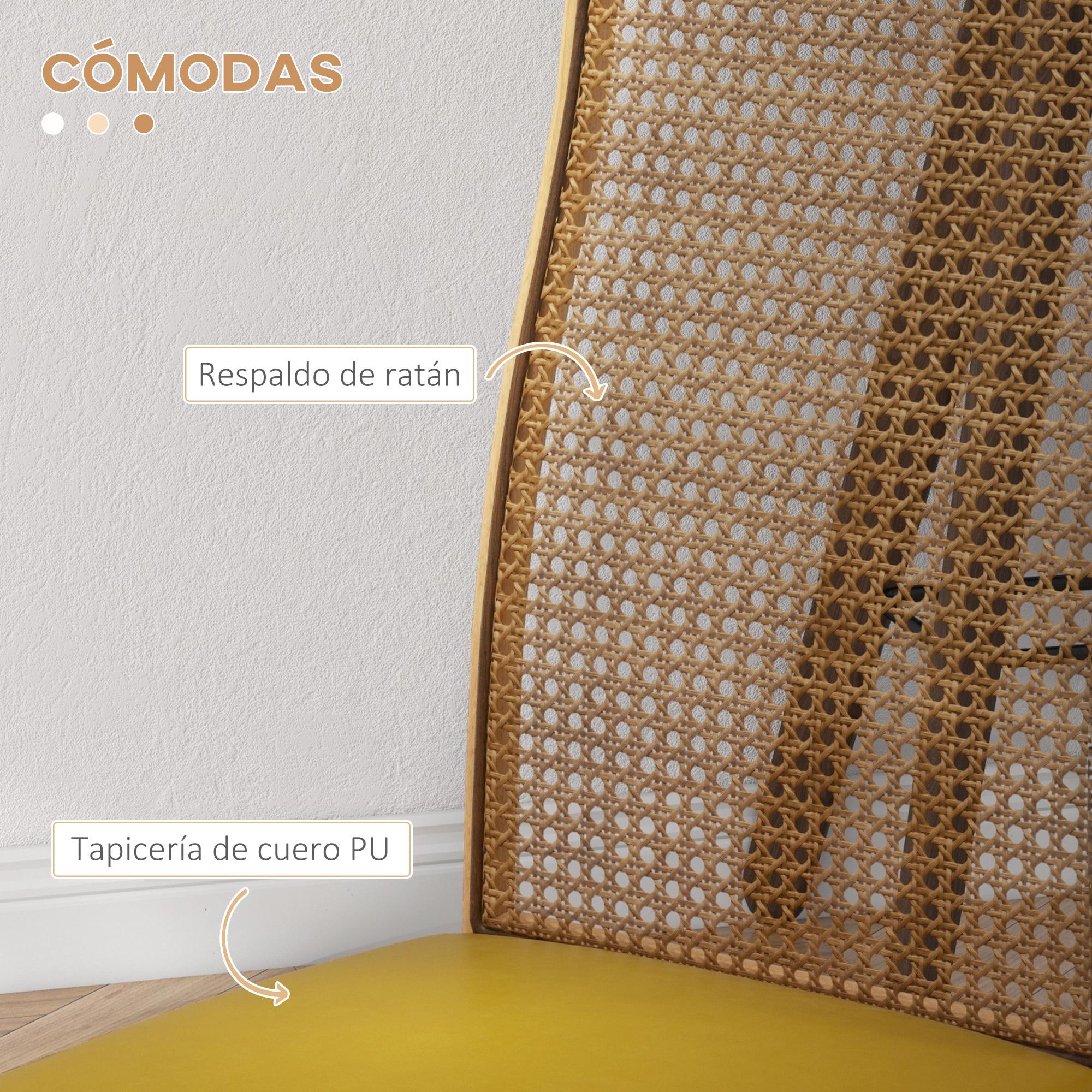 Juego de 2 Sillas de Comedor Sillas de Cocina Modernos con Respaldo de Ratán PE Asiento Tapizado de Cuero PU y Patas de Acero 40x50x97 cm Ocre