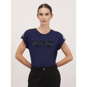 Motivi - T-shirt con scritta patch in perline - Blu