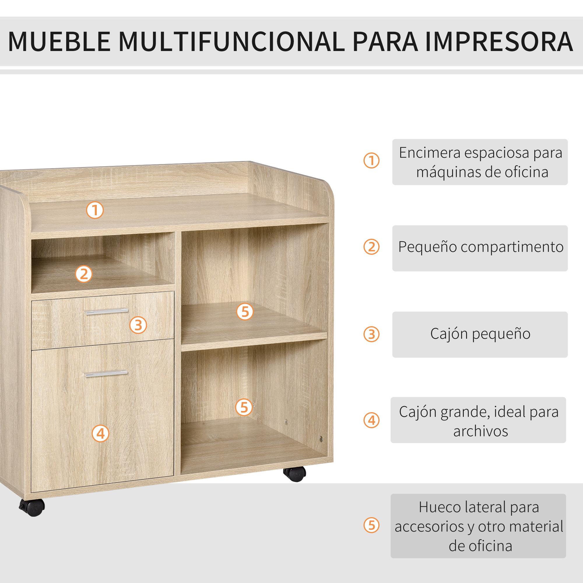 Vinsetto Armario para Impresora Carro Multifuncional de Oficina con 3 Compartimentos 2 Cajones para Archivos Estante Ajustable Ruedas con 2 Frenos 80x40x72 cm Roble