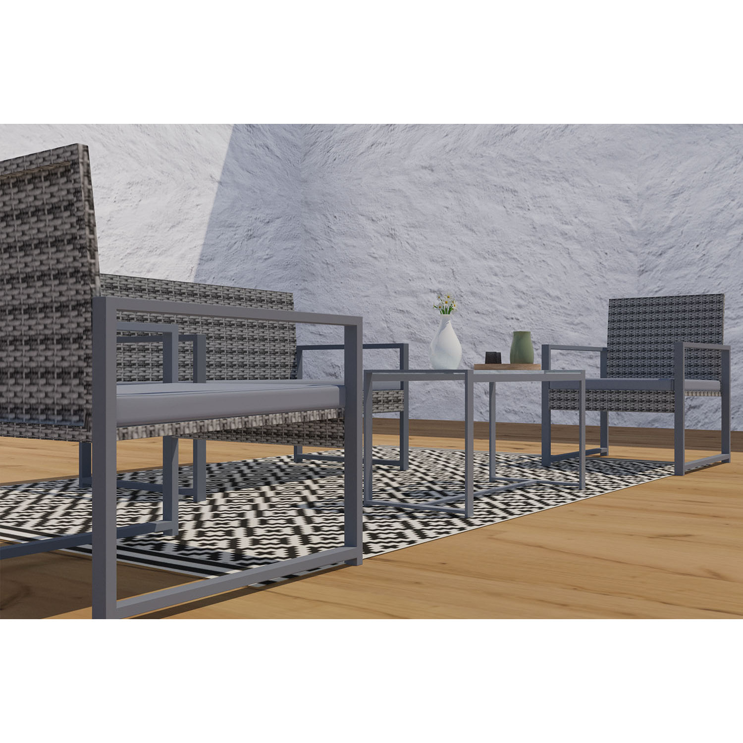 Salon de jardin bas 4 places résine tressée gris foncé TINA