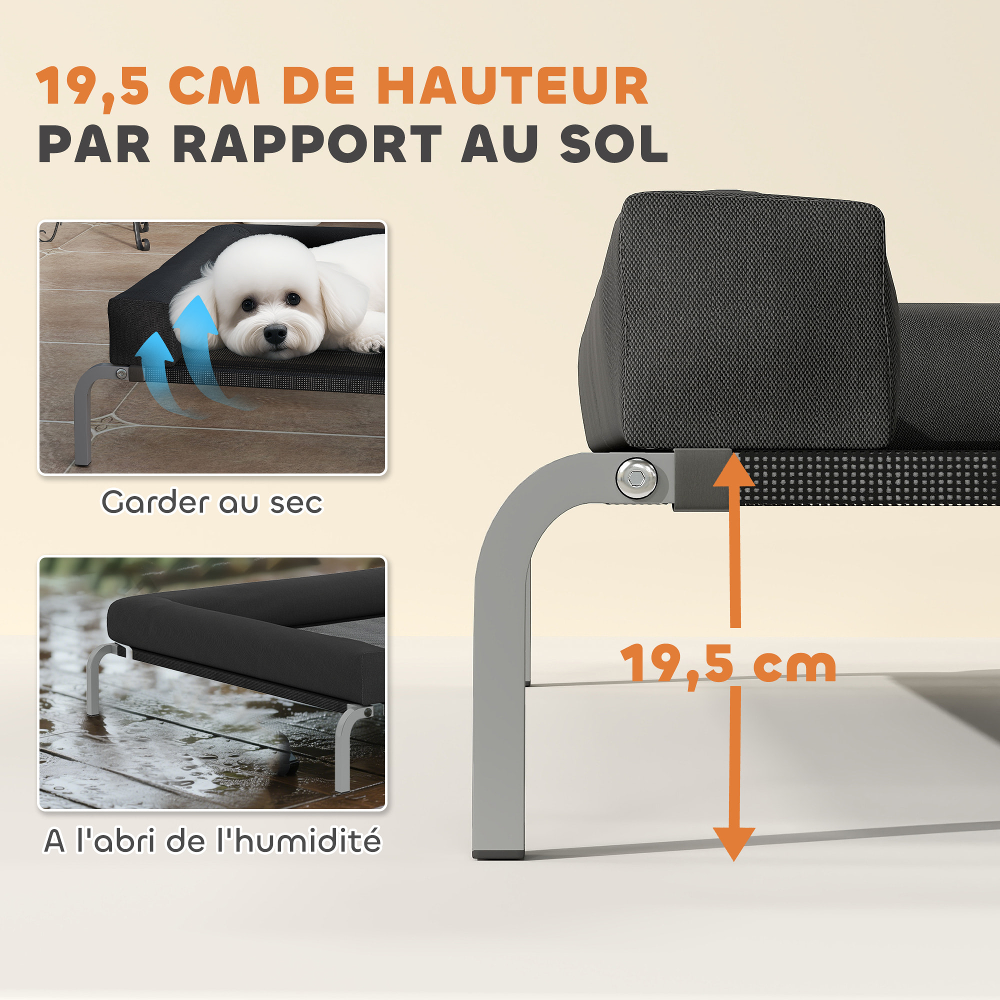 Transat pour animaux - lit pour chien - lit à pieds pour chien avec contour coussin dim. 90 x 65 x 30 cm - noir