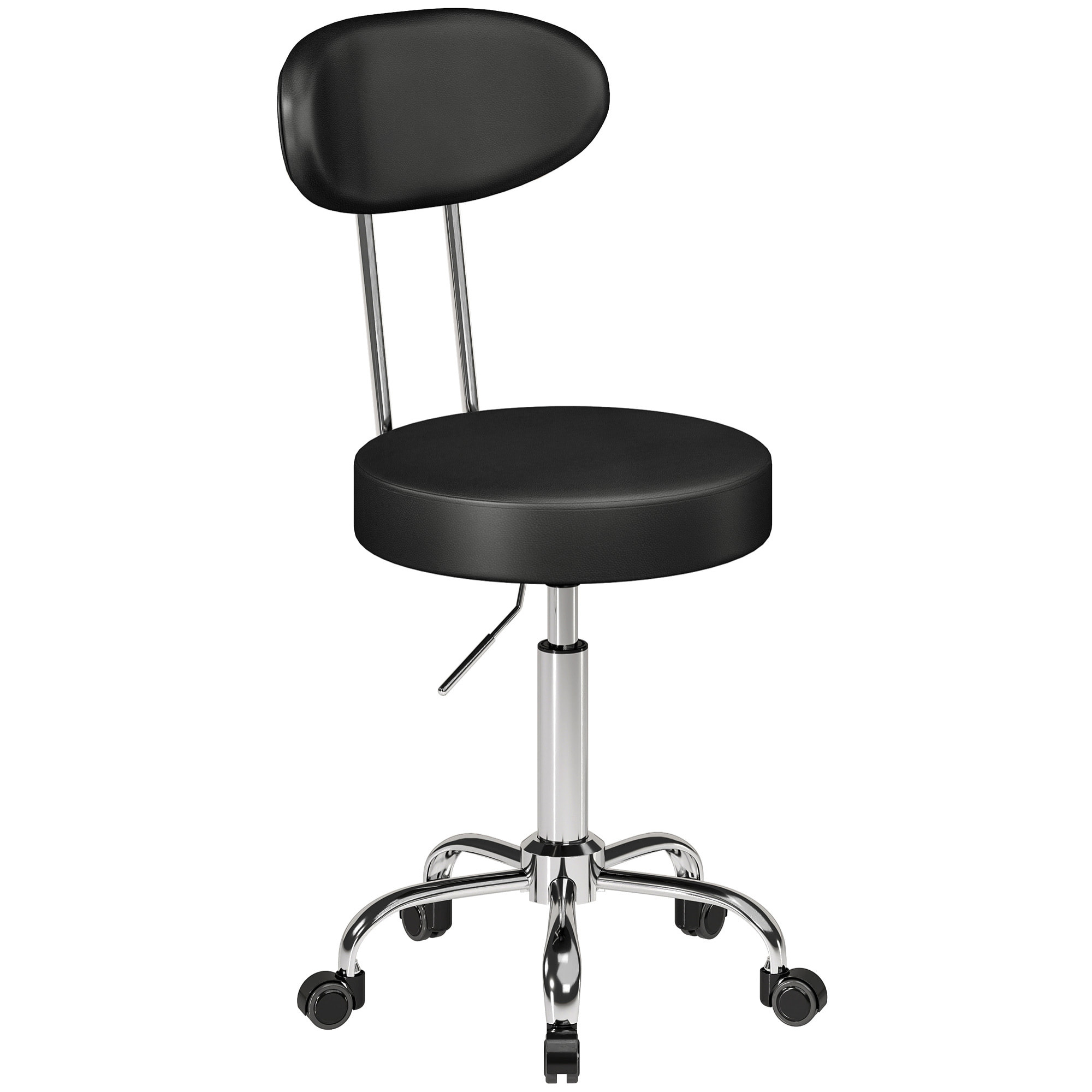 HOMCOM Taburete con Ruedas, Taburete Giratorio con Respaldo, Altura Regulable, Tapizado en Cuero Sintético, Asiento Acolchado, para Spa, Tatuajes, Oficina, Dormitorio, Negro