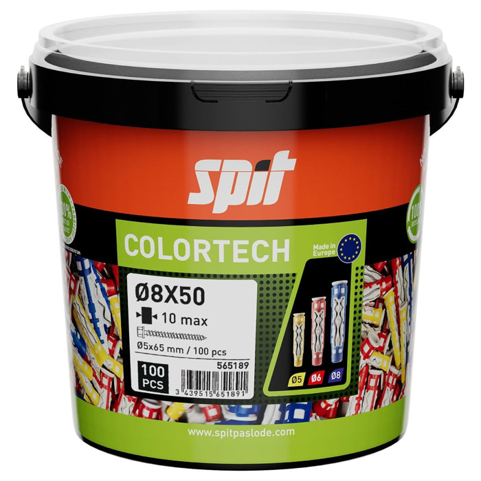 Cheville bi-matière universelle Colortech - 8 x 50 mm - Avec vis tête hexagonale - Seau de 100 pièces - SPIT - 565189