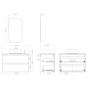 Conjunto de baño IRONA 2C TOP, 80cm, incluye lavabo y espejo