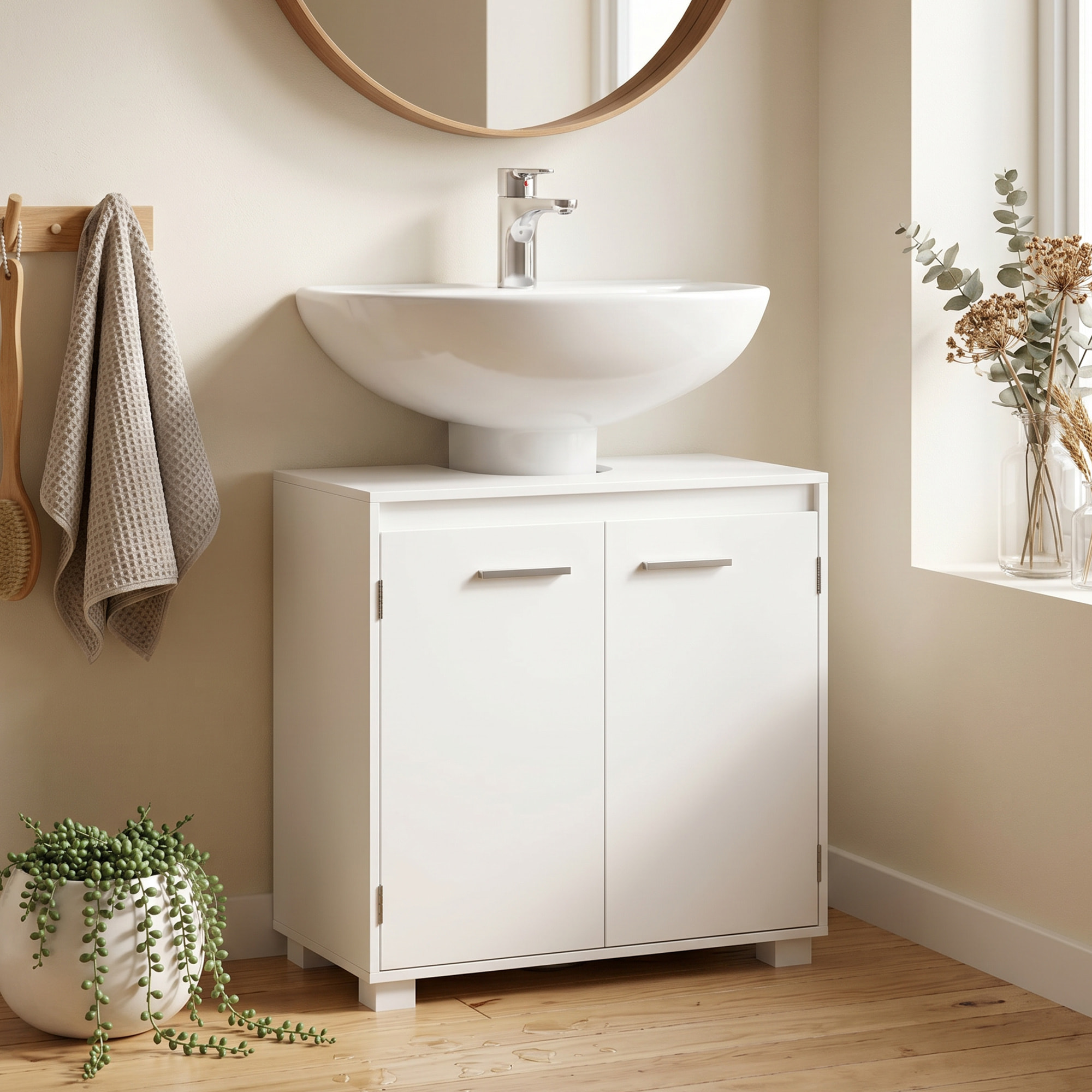 HOMCOM Mueble Bajo Lavabo, Mueble de Baño con Estante Ajustable, 2 Puertas y Recorte en U, Estilo Moderno, para Lavabo con o sin Pedestal, 60x30x60 cm, Blanco