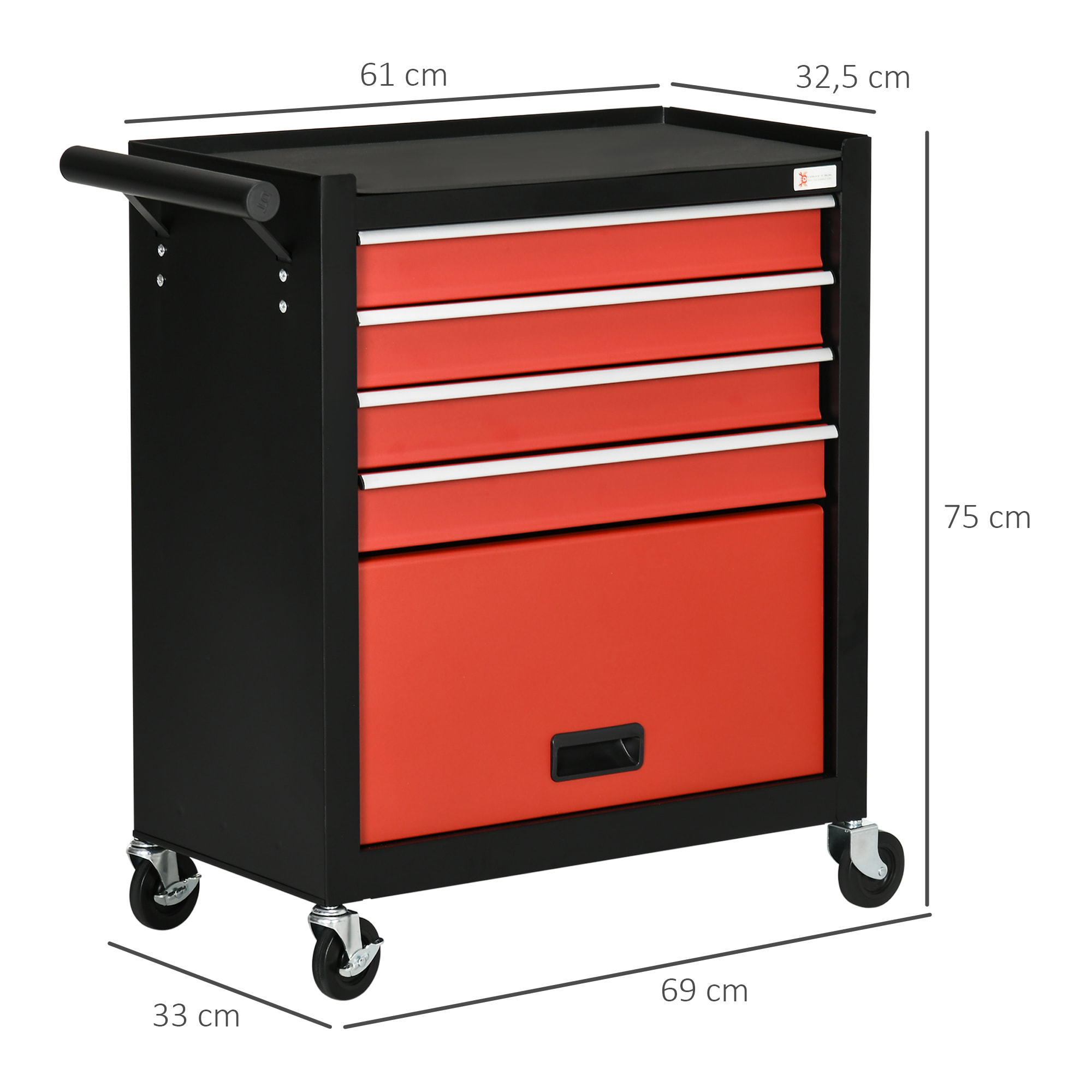 Carro de Herramientas Taller Móvil con Ruedas 4 Cajones Compartimento de Almacenamiento y Asa Lateral Carga 130 kg para Garaje Hogar 69x33x75 cm Negro y Rojo