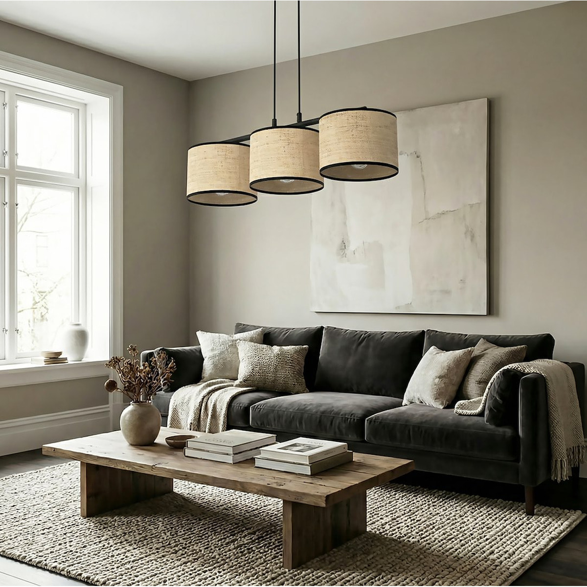 Lampada a sospensione Eco in acciaio nero e rattan