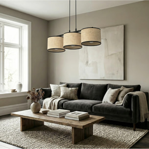 Lampada a sospensione Eco in acciaio nero e rattan