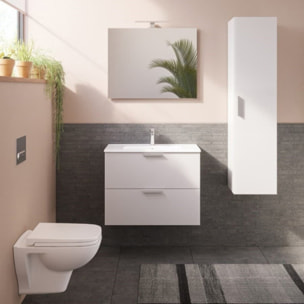 Set Mia ensemble meuble 59x61x39,5cm avec miroir, lavabo, éclairage LED + armoire 145x35x35cm, Blanc brillant