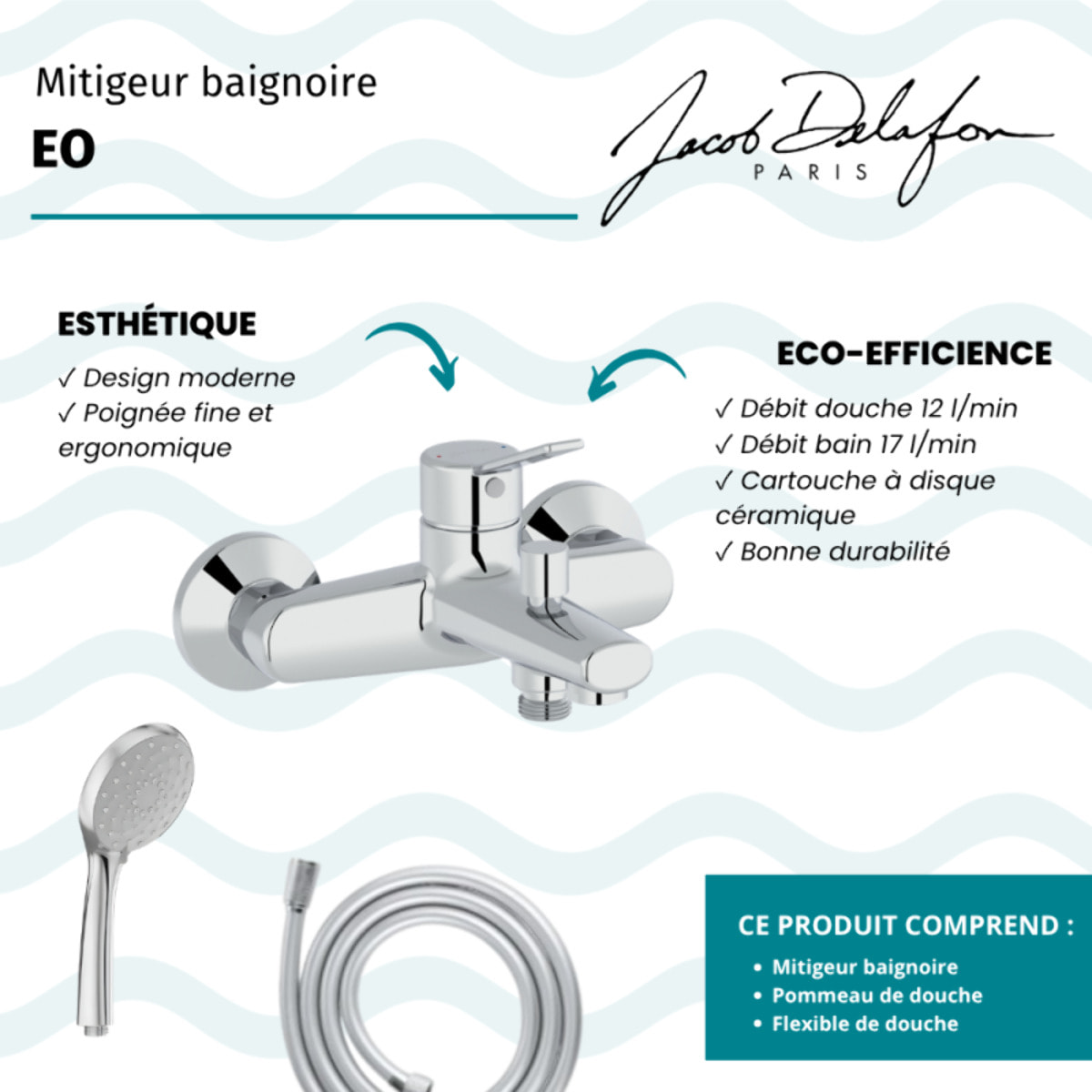 Mitigeur baignoire Eo + pommeau de douche Awaken + flexible de douche lisse