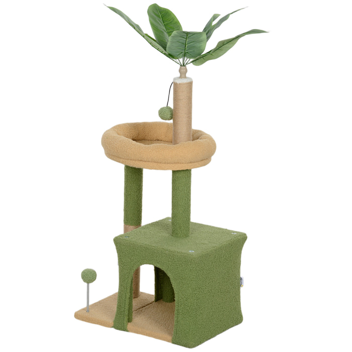Arbre à chat design tropical - niche, panier observation, jeux boules, griffoirs - effet laine bouclée beige vert