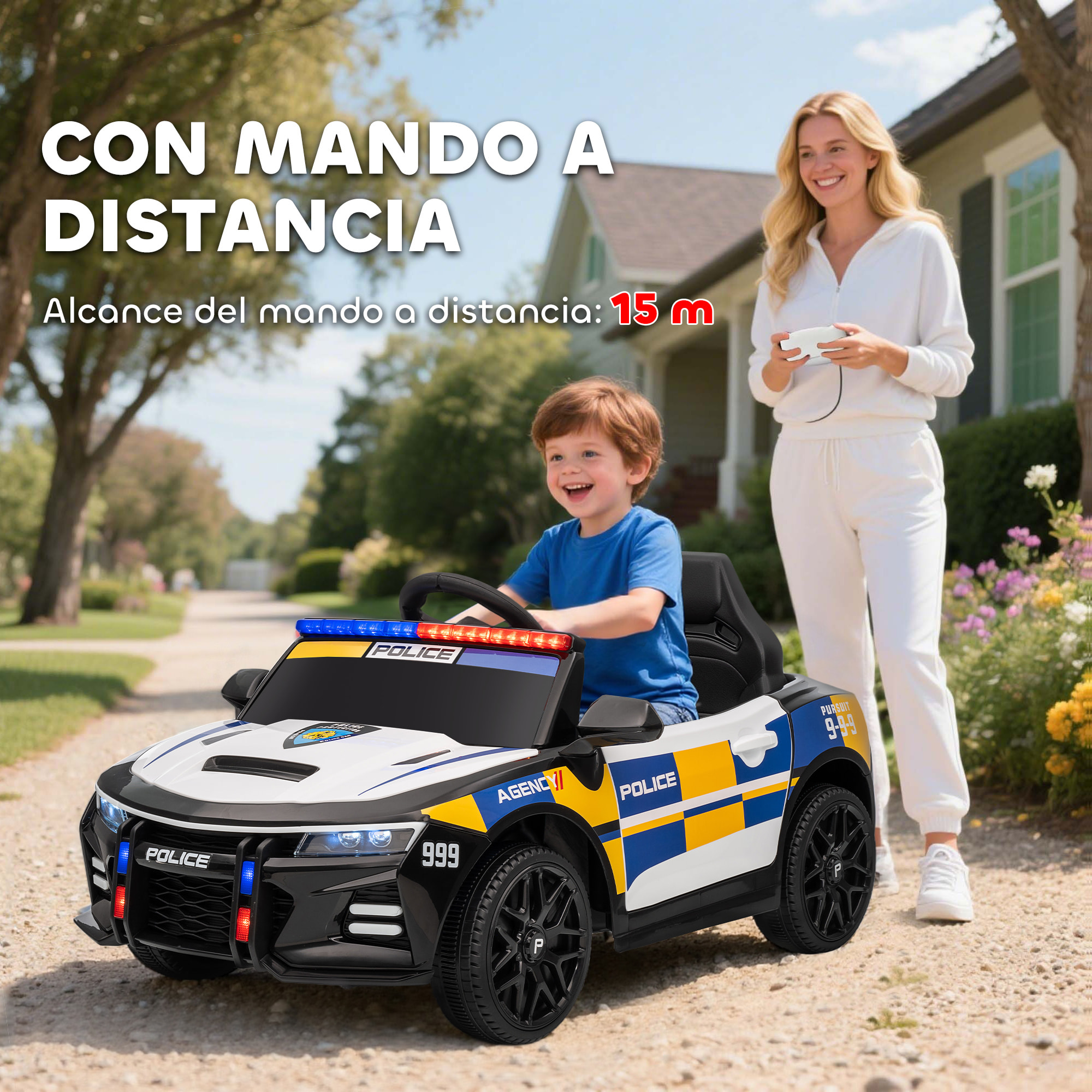 Coche Eléctrico para Niños de Policía, Coche de Batería para Niño de +3 Años 12V, con Mando a Distancia 2,4G, Luces, Sirena, Música, USB, Suspensión de Muelle, Multicolor