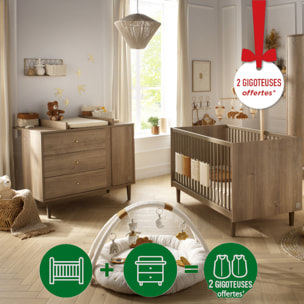 Chambre bébé évolutive Mokka, Lit 140x70 évolutif et Commode à langer - Chêne Mokka