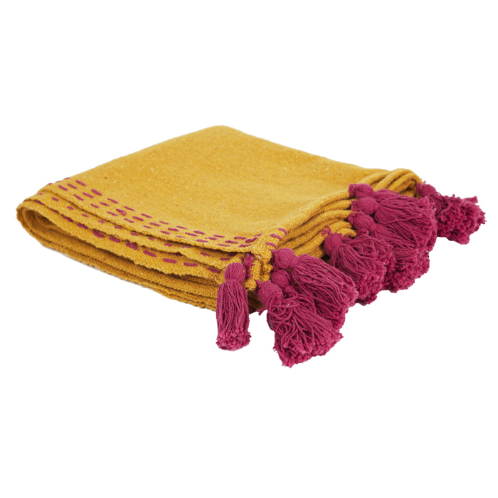 Plaid - HOME DECO FACTORY - Surpiqué - Pompons - Jaune - 130 x 150 cm