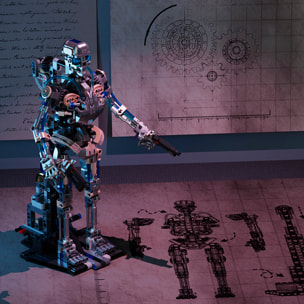 Maqueta 3D mecanizada de esqueleto con 692 piezas, equipada con luces y mecanismo de manivela que permite movimiento dinámico.