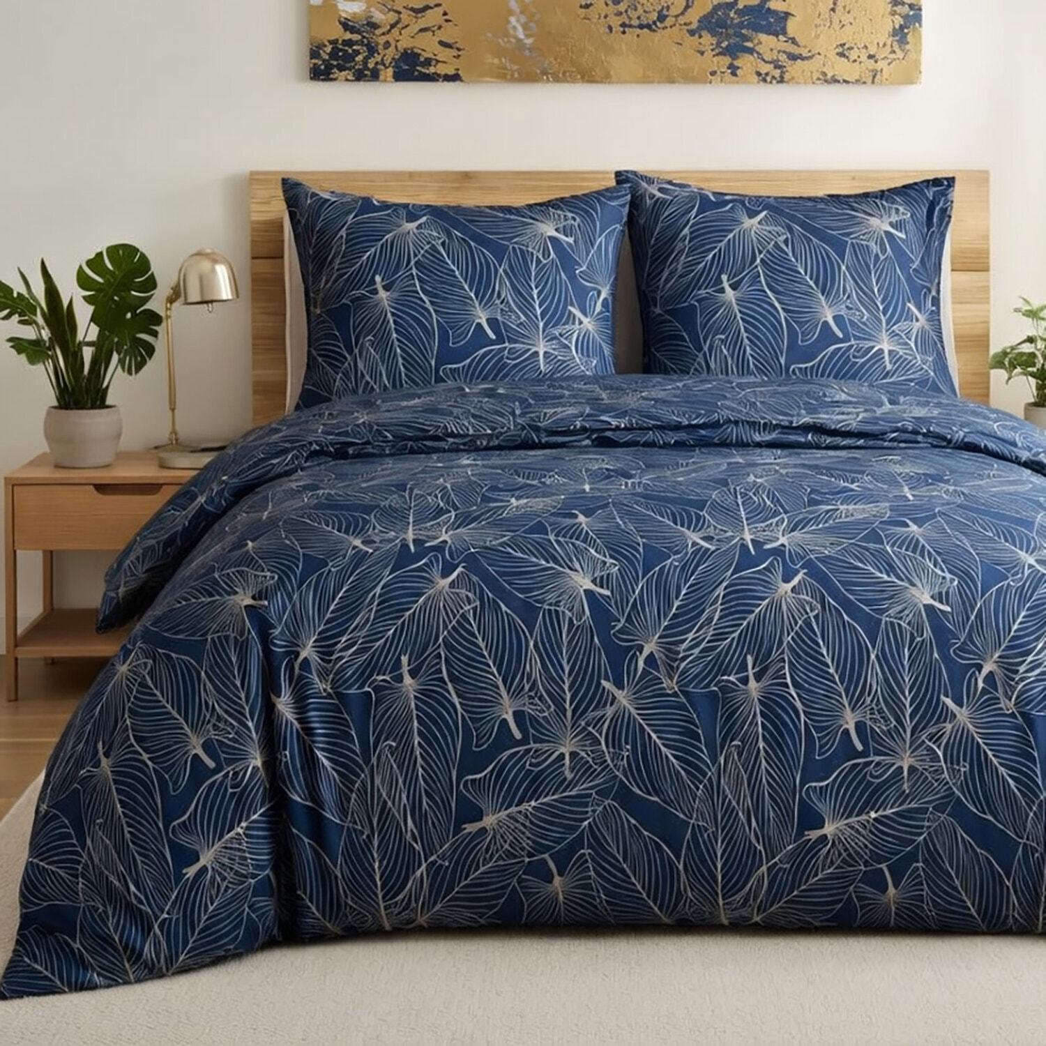 Parure housse de couette 100% microfibre bleu motif feuilles - paola