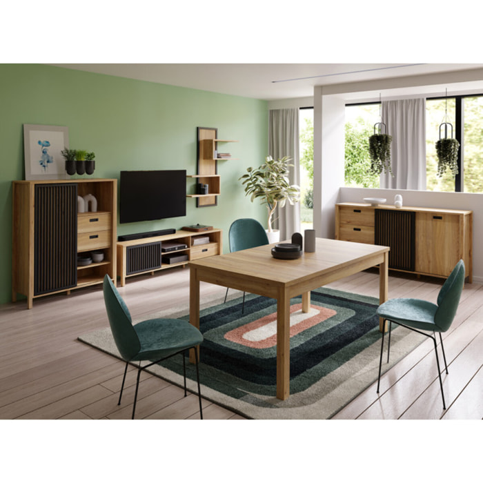 Armoirette L103cm 1 porte 2 tiroirs décor bois chêne et noir - BOSTON